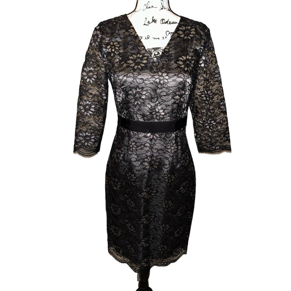 Banana Republic Black Gold Floral Lace Dress Cocktail Elegant V Neck 3/4 Sleeve